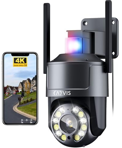 CAYVIS 4K Überwachungskamera Aussen, PTZ Kamera Outdoor,355°/90° Schwenkbar, Personenerkennung und Automatische Verfolgung,Rot-und Blaulichtalarm,Farb-Nachtsicht 30M, PIR 40M (Optischer Zoom 5X)