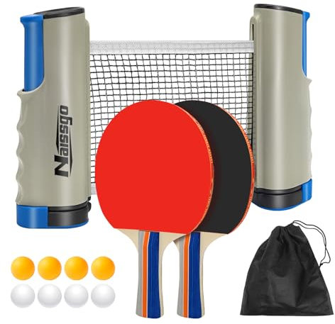 Tischtennis Set Profi,2 Tischtennis-Schläger und Einziehbarem,8 Tischtennis-Bälle Netz mit Tragetasche,Tischtennisschläger Set für Erwachsene Kinder Indoor &Outdoor Spiele -Grau