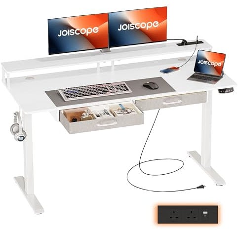 JOISCOPE Height-Adjustable Desk with Monitor Stand and 2 Drawers, Memory Height, Standing Desk with Outlets, USB & Tpye-C and Side Hook, Ideal for Office Desk and Home Desk, 140cm, White