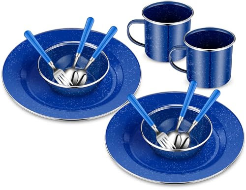 Nuogo Enamel Camping Tableware Includes 12 oz Enamel Coffee Mugs 10.5 Inch Camping Plates 6 Inch Bowls and Camping Utensils Set Includes Knife Fork Spoon for Camping Outdoor RV (12 Pcs,Blue)