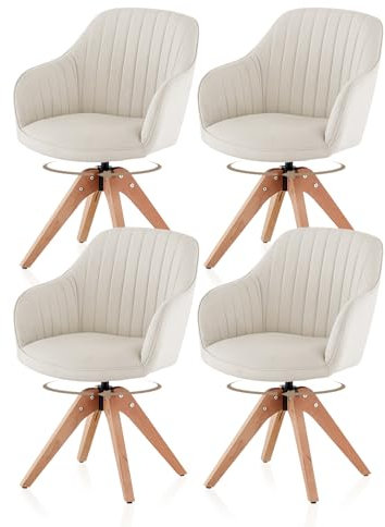 TUKAILAI Esszimmerstühle Drehbar 4er-Set aus Leinen, Drehstuhl Esszimmer mit Armlehnen Rückenlehne Massivholzbeine,Küchenstuhl Polsterstuhl Armlehnenstuhl für Wohnzimmer Küche Schlafzimmer, Creme
