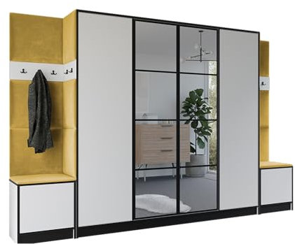 KIER FURNITURE Garderobenschrank Eden 312,8 cm - Modern Flurgarderobe - Flurschrank mit Schuhschrank - Flurgarderoben Set - Garderobe mit Sitzbank Weiß & Gelb 312,8 x 205 x 39 cm