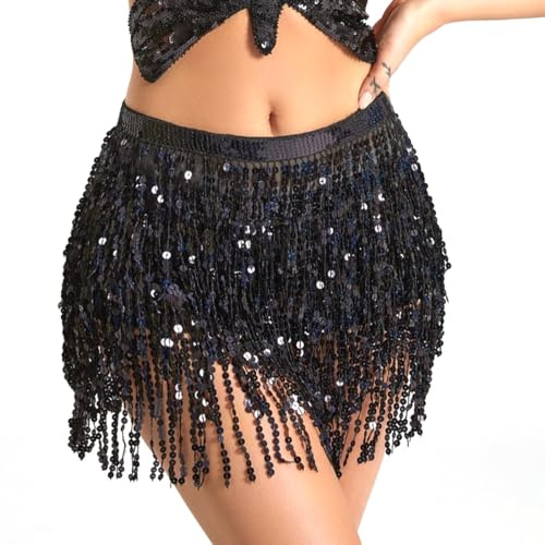 Epokus Pailettenrock für Damen,Glitzer Rock Schwarz,Rave Outfit Damen Kostüm,Fransen Rock für Frauen und Mädchen für Fasching Karneval Party