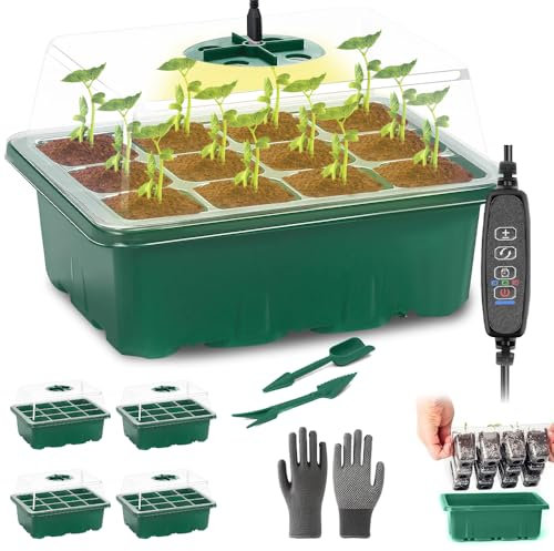 XPJBKC 5 Pcs Semilleros de Germinacion, Germinador de Semillas con Controlador de Tiempo de Brillo Ajustable, Luces para Plantas, Guantes, Reutilizable Bandeja Semillero, Mini Invernadero Interior