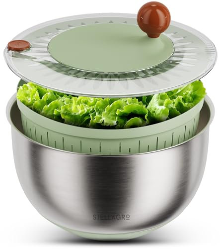 Stellagro Centrifuga per insalata in acciaio inox, grande, per frutta e verdura, per asciugare lattuga, ciotola in acciaio inox, scolapasta e rondella per frutta, 5,3 Qt