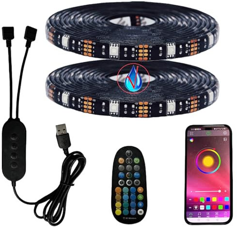 FOLGEMIR 5 Meter (2x 2,5M) RGB LED Streifen dimmbar, Bluetooth/APP kontrollierte TV USB Hintergrundbeleuchtung mit RF Fernbedienung, 5050 RGB Strip für HDTV TV Beleuchtung, wasserdicht IP65