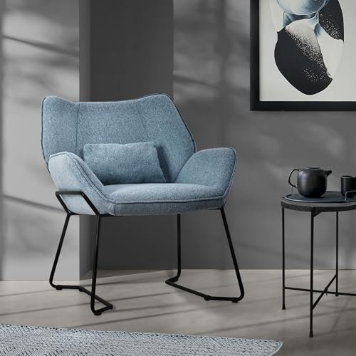 ML-Design Loungesessel Blau, Relaxsessel mit Leinenbezug und schwarzen Metallbeine, Wohnzimmerstuhl mit Armlehne und Rückenlehne, Polsterstuhl mit Kissen, Ohrensessel ergonomisch, Einzelsofa modern