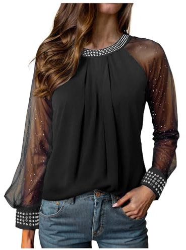 Angebote Festliche Blusen Damen Schwarz Elegant Sexy Silvester Outfit Pailletten Oberteil Modern Casual mit Glitzer Shirt Glitzer Oberteile Herbst Winter Große Größen Langarm Tunika Festliche Blusen