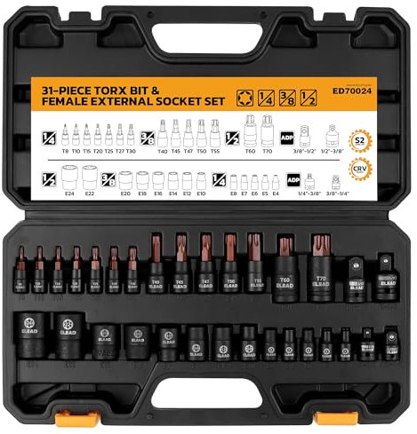 31-Piece Torx Bit Socket Set: Premium CR-V & S2 Alloy Steel, Star T8-T70 & E-Torx E4-E24, High Torque Laser Marked for Automotive Mechanic