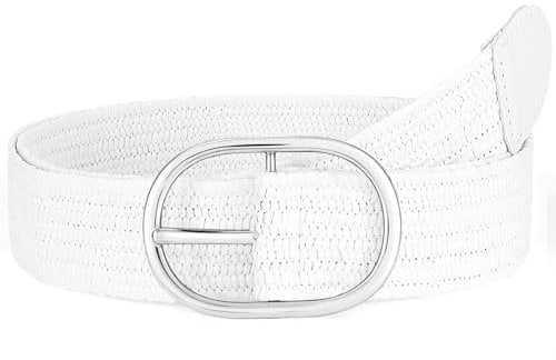 SUOSDEY Damen Strohgürtel, geflochtener Boho Gürtel, elastischer geflochtener Gürtel für Kleider Hosen Jeans Stretch Taillengürtel weiß