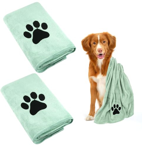 Hundehandtuch, 2 Stück Hundehandtuch Extra Saugfähig für Hunde Und Katzen | Grün Schnelltrocknend Haustier Mikrofaser Handtücher, Hunde Handtuch für Katzen, Hunde Oder Andere Haustiere (75 x 35 cm)