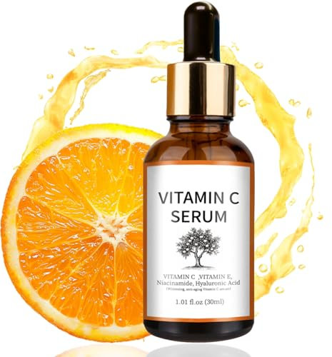 Vitamin C Serum mit Hyaluronsäure für Gesicht, Hyaluron Serum mit Vitamin E, Feuchtigkeitsspendendes und Anti-Aging Gesichtsserum für reduziert feine Linien, Gesichtspflege für Hals und Brust