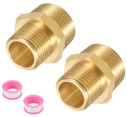 QUARKZMAN 2 Stück Messing Rohrfitting 1/2 G männlich × 3/4 NPT männlich | Messing Sechskantnippel Rohrfitting Verbinder, 1/2 bis 3/4 weiblicher Rohrfitting Adapter, Goldfarbe