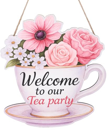 Tea Party Decorations Door Sign, Colorful Teacup Shaped Floral Welcome Plaque Hanging Wooden Decor for Women Afternoon Tea Home Front Door & Wall Decoration Supplies