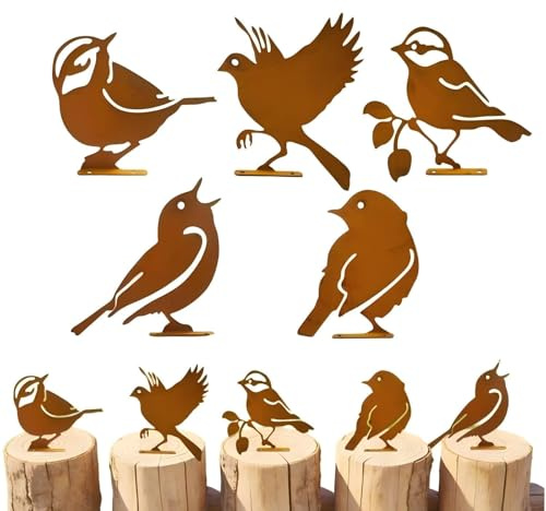 5 Stück Rost Vogel Gartendeko,Edelrost Gartenstecker Rost, Wetterfeste Metall Roststecker, Garten Deko mit Schraube für Bäume, Pfähle oder Zäune Terrasse, Balkon und Garten Frühling, Stake Birds