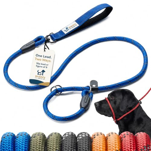 Figure 8 Rope Slip Lead, No Pull Dog Lead, Swivel Handle | Blue | 1.5m & 2m lengths for small to large dogs. Spring-and-stretch rope absorbs sudden lunges. Reflective training lead