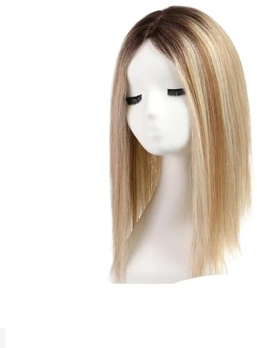 9×9 Remy-Echthaar-Topper 16 Zoll for Frauen, mit mehreren rutschfesten Clips und großflächiger Basis, Top-Haarteile for dünnes Haar Flauschigs und Natürlich(Ombre Mixed Blonde)