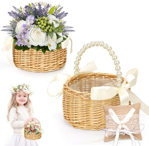 2 Stück Hochzeit Blumenmädchen-Korb mit Ringkissen Hochzeit Vintage Kleiner Korb mit Henkel 20 * 17cm Handmade Wicker Blumenkorb Mini Weidenkorb für Hochzeiten Blumenmädchen Heimdekoration