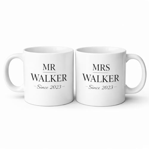SUBLIX Personalised Mr & Mrs Mug Set, Custom Last Name and Year, 11oz Ceramic, Dishwasher and Microwave Safe, Wedding Gift
