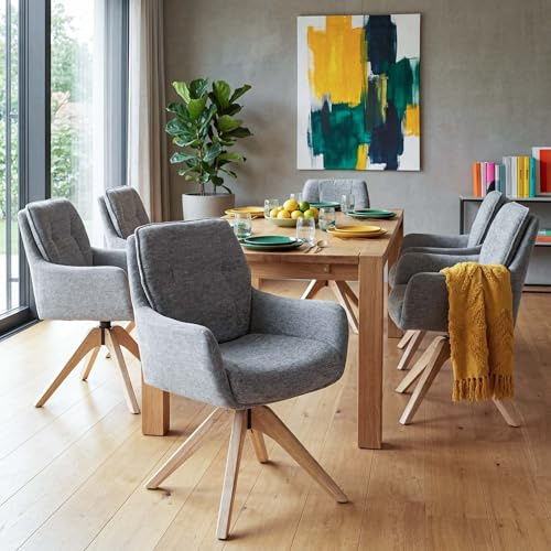 Mendler 6er-Set Esszimmerstuhl HWC-Q37, Küchenstuhl drehbar Auto-Return, Stoff (680g/m²) Chenille Öko-Tex Holz MVG - grau