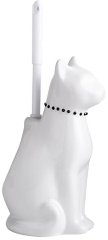 Cat Toilet Brush Holder, Ceramic Cat Toilet Brush and Holder Set | Plastic Handled Scrub Brush for Bathroom Cleaning, Whimsical Design Feline Pattern with Wide Mouth