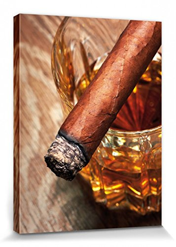 1art1 Alkoholische Getränke Poster Whiskey Und Zigarre Bilder Leinwand-Bild Auf Keilrahmen | XXL-Wandbild Poster Kunstdruck Als Leinwandbild 40x30 cm