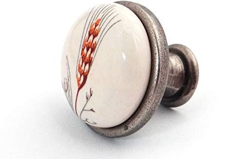 SO-TECH® Porzellanknopf Möbelknopf Kari cremefarbig mit Ährendekor und Metallfuß in Altsilberoptik