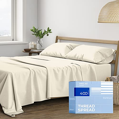 THREAD SPREAD Egyptian Cotton Sheets King Size - Luxury King Size Cotton Sheet Sets 400 Thread Count (4 PC, Ivory), 16 in Deep Pocket Soft, Cooling & Breathable Sateen Weave Hotel Bed Set