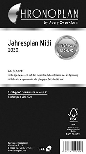 Chronoplan 50500 Kalendereinlage 2020 (Jahresplan Midi (96 x 172 mm), Ersatzkalendarium, Universallochung, zum Aufklappen (mit Leporello-Falzung)) weiß