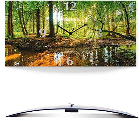 ARTLAND Wanddeko Wanduhr ohne Tickgeräusche Alu Funkuhr 50x25 cm Rechteckig Lautlos Wald Bach Landschaft Natur Sonne Bäume T9IO