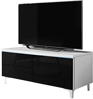 Mirjan24 TV Schrank Alvin 11W, TV Lowboard inkl. LED Beleuchtung, Fernsehschrank, Fronten in Acryl-Hochglanz, Fernsehtisch, Board, TV Bank, TV Möbel (Weiß/Schwarz Hochglanz, Rechts)