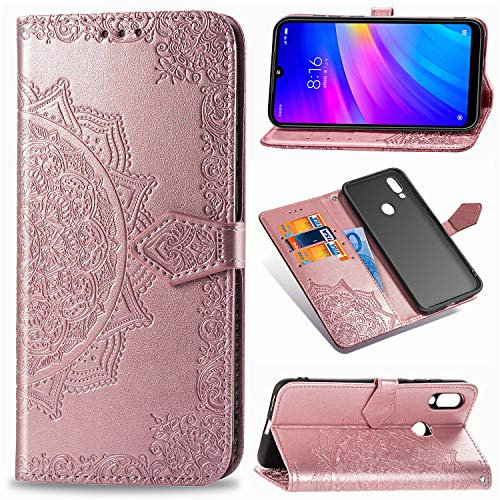Abuenora Funda Libro para Xiaomi Redmi 7, Carcasa con Tapa Flip Case Antigolpes Golpes Cartera PU Cuero Suave Soporte con Correa Cordel para Xiaomi Redmi 7 - Mandala Oro Rosa