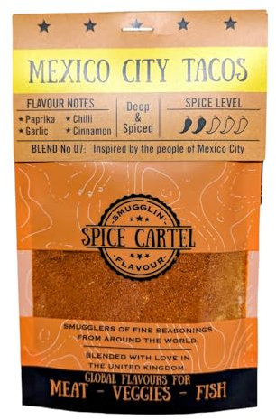 Tacos de la Ciudad de México del Cartel de Spice. ¡Perfecto para darle a sus tacos y fajitas una nueva oportunidad de vida! 35 Bolsa resellable. Hecho a mano en el Reino Unido.