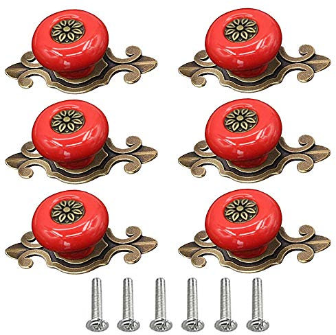 POFET 6 runde Keramikknäufe für Kommode, Schublade, Schrank, Vintage-Stil, Türgriff, Keramik, Möbelgriffe für Küche, Kleiderschrank, Schrank, Kinderzimmer, dekorativ – Rot