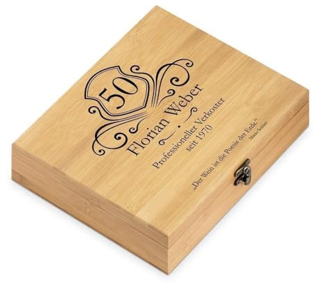 Maverton Weinöffner-Set personalisiert Weinset Sommelier Set - Geschenkbox Holzbox + 6er Weinzubehörset - aus Bambus - Braun - Geschenk zum Geburtstag für Männer - Professioneller Verkoster