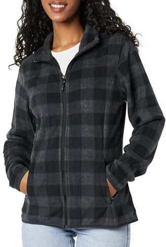 Amazon Essentials Damen Weiche Polarfleece-Jacke mit durchgehendem Reißverschluss in klassischer Passform (erhältlich in Übergrößen), Kohlegrau Buffalokaros Muster, M