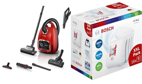 Bosch Staubsauger mit Beutel ProAnimal Serie 6 BGL6TPET, Bodenstaubsauger, 700 W, rot & 16x Staubsaugerbeutel Typ G All BBZ16GALL, 99,9% Feinstaubfilterung, 50% längere Nutzungsdauer