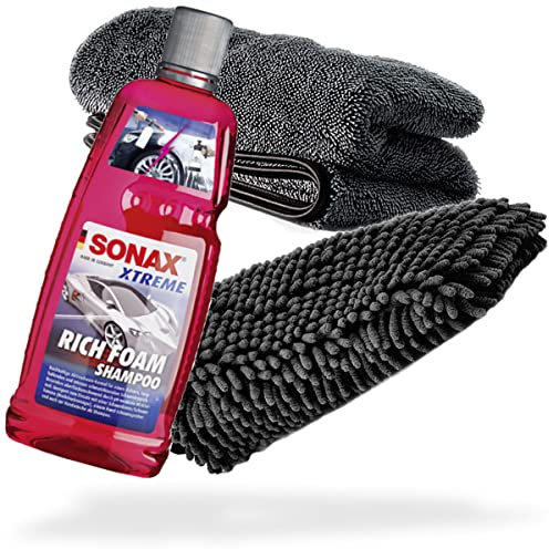 detailmate Auto Wasch- und Trockenset: SONAX Xtreme RichFoam Shampoo 1 L + Chenille Waschhandschuh + Trockentuch 1000 GSM - Für die ideale Autowäsche
