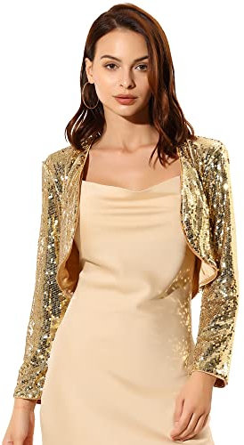 Allegra K Damen Glitzer Blazer Festliche Langarm Offen Pailletten Crop Jacke Gold L