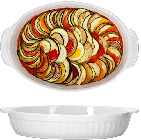 MamboCat 2er Set Auflaufform Keramik oval Cazuela mit Griff I Brotbackform 1,8l Bräter backofengeeignet I Servierschalen weiß feuerfeste Ofenform I Antipastischale I Ofen Kasserolle Backform 36 cm