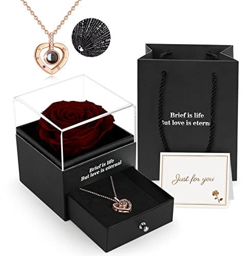 Preserved Real Rose Gift Box with I Love You Necklace, Handmade Eternal Rose Flower Gifts for Mum Mother Women Wife Girlfriend Her on Mothers Day, Birthday, Anniversary, Valentines Day, Christmas