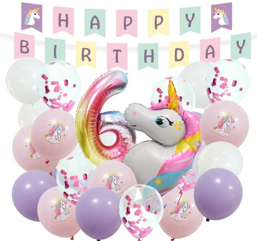 envami® Einhorn Deko 6 Geburtstag I 32 Stk. -Luftballon Helium - Deko 6 Geburtstag Mädchen - Luftballon 6- Geburtstagsdeko 6 Mädchen - Einhorn Kindergeburtstag - Folienballon 6