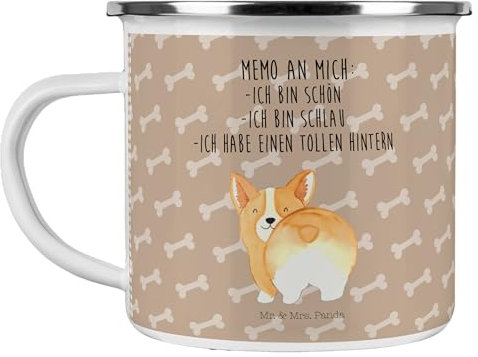 Mr. & Mrs. Panda Camping Emaille Tasse Corgi Po - Geschenk, Motivation, Hundemama, Edelstahl Trinkbecher, Hundeliebe, Hund, Hunderasse, Blechtassen,