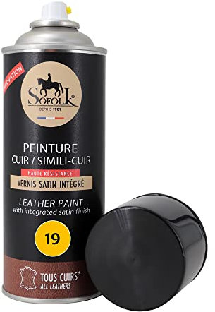 Sofolk - Peinture Cuir avec Vernis intégré - Recoloration Cuir Abimé, Rayé, Griffé, Décoloré : Volant, Siège Auto, Canapé, Chaussure, Veste et Vêtements - Aerosol - 19-Jaune