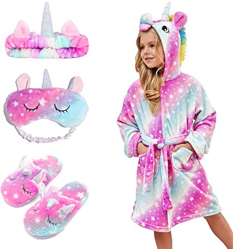 Piefry Bambina Accappatoio Morbido Unicorno Vestaglie con Cappuccio per Bambine con Unicorno Pantofole, Benda e Fascia - Regali per Ragazze (Stelle Rosa/Viola, 8-9 anni)