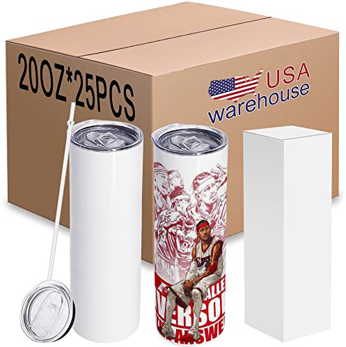 ZREGGUR 25 packs Sublimation Tumblers 20 oz sublimation Blanks tumblers skinny straight stainless steel travel Vacuum Double Wall Insulated tumbler metal cups with lid and straw (25, 20oz)