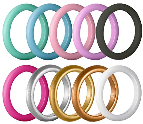AZYOUNG Womens 3mm Wide Dome Top Silicone Wedding Ring 10pcs Pack Pink Gold Stackable Rubber Bands - US Size 4-8