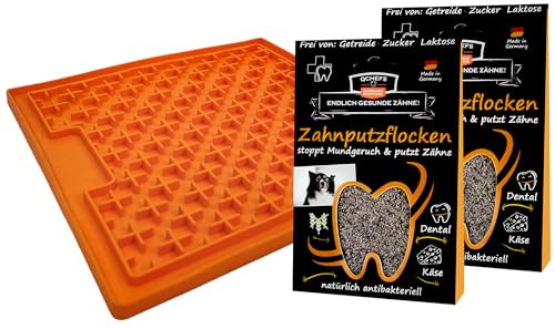 QCHEFS Zahnputzflocken & Lickimat Buddy M Schleckmatte Hund Zahnpflege | Zahnpflege für Hunde, Mundgeruch-Zahnstein-Zahnfleischentzündung, Vitaminen und Mineralien, Probiotika unterstützen