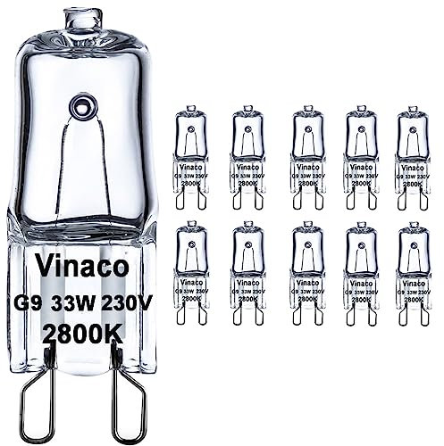 Vinaco Gluhbirn G9 33W, 10er Pack Halogen G9 230V 33W, Halogenlampe G 9 Dimmbar Warmweiß 2800K, Lange Lebensdauer mit Hoher Helligkeit 350LM, G 9 Halogen 33 W für Kronleuchter, Kabinettbeleuchtungen