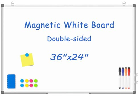 WALGLASS Magnetic White Board, 36 x 24 Double-Sides Dry Erase White Board for wall, Hanging or Mounted Whiteboard, Horizontal or Vertical, Silver Aluminium Frame, Home, School, Office, Kitchen